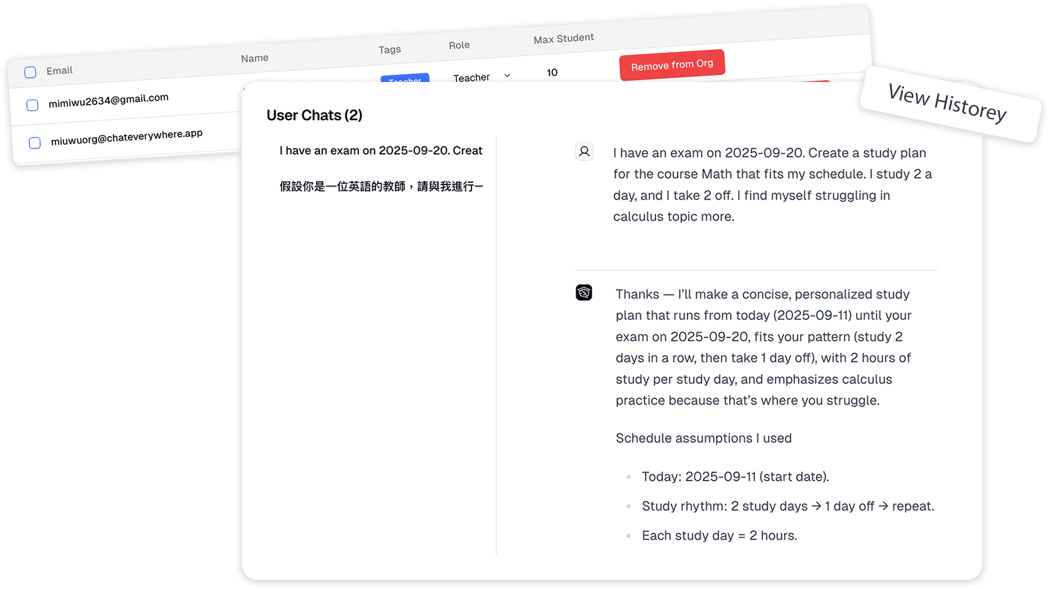 Conversation history in the organization portal